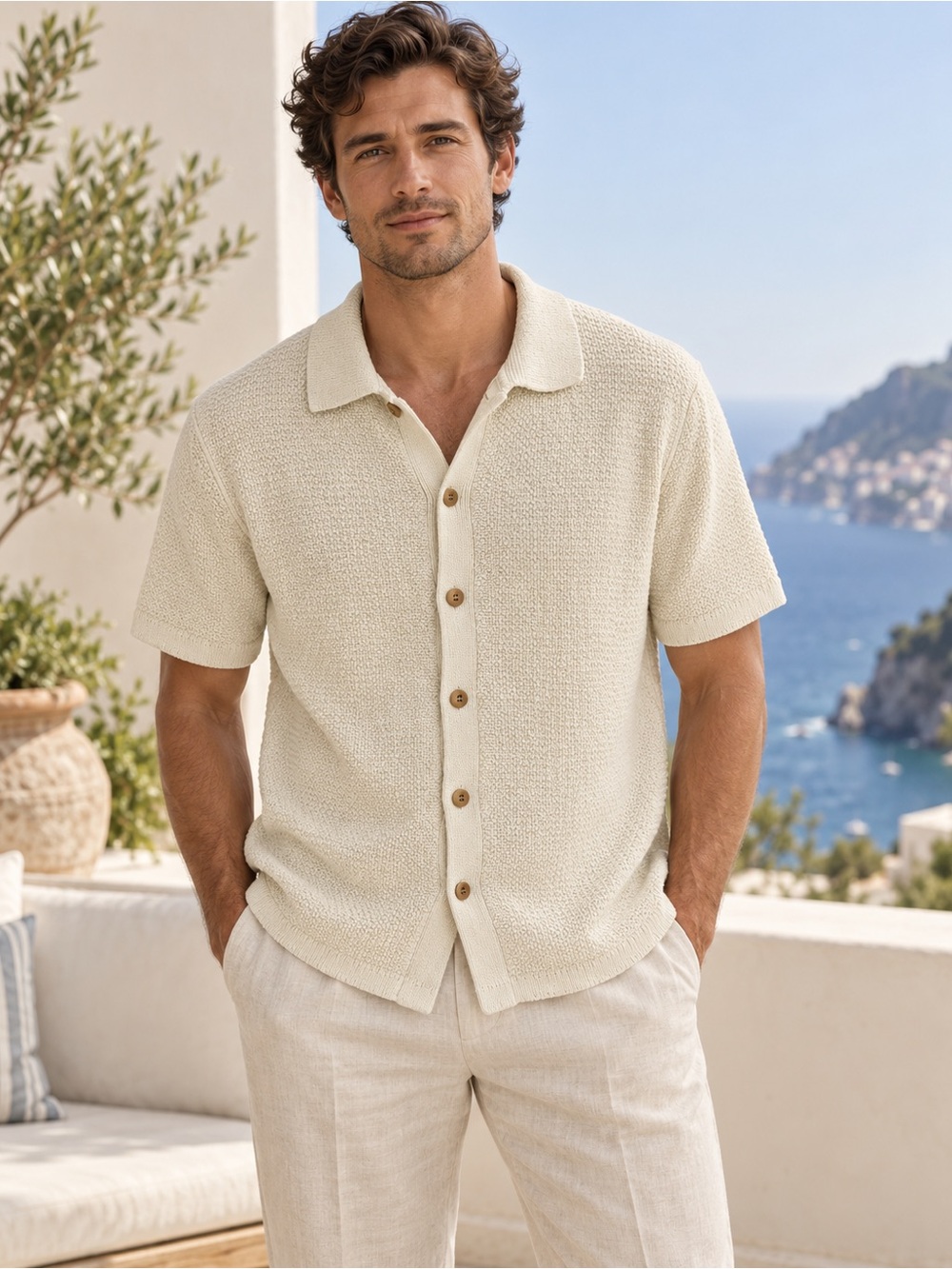 J.Crew Men’s XL Cotton Waffle Knit Short Sleeve Polo Cardigan Cream Coastal Prep